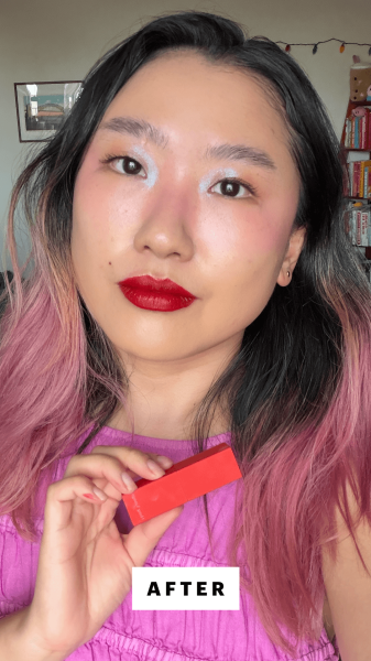 Han after applying the Hung Vanngo Creamy Matte Longwear Lipstick in New York Red