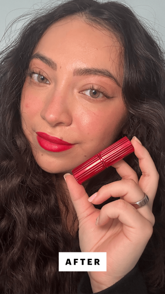 San Miguel after applying the Charlotte Tilbury Matte Revolution Hydrating Lipstick in Hollywood Vixen